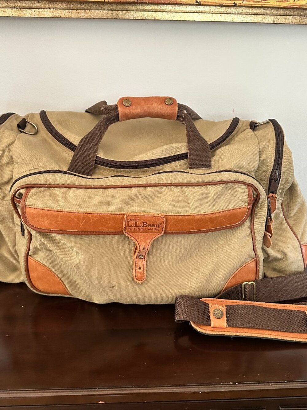 VTG LL Bean Duffel Bag Tan Canvas Leather Trim Travel Weekender Freeport Maine